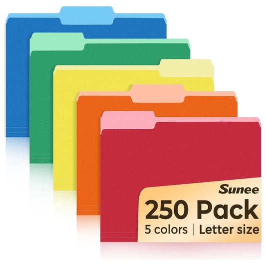 SUNEE File Folders Letter Size, 250 Pack – Assorted Colors